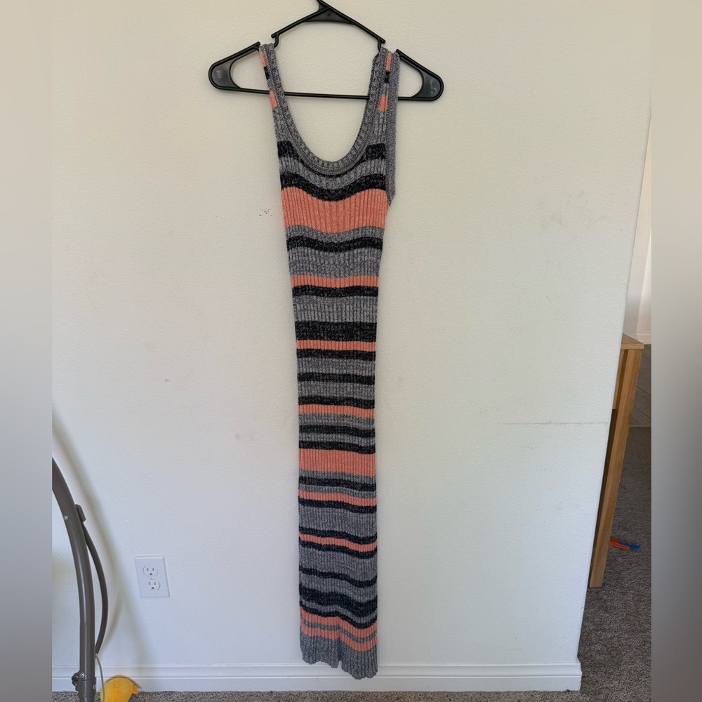 Striped Knit Tank Dress in Gray and Coral